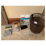 TRASH CAN, CANDLES, SHOWER CURTAIN, WEATHER SEAL