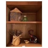 CERAMIC HOUSE, FROG, BASKET AND "S"