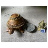 CARVED WOOD COVERED TURTLE BOWL, BRASS ELEPHANT