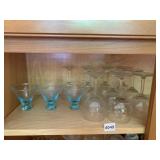 WINE GLASSES AND LIGHT BLUE SHOT GLASSES