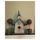 2 MINI 8" TOPIARIES AND WOOD BIRD HOUSE