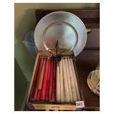TAPER CANDLES, SILVER PLASTIC CHARGER, STAR AND
