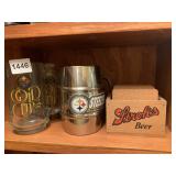 WOOD BOX WITH STROHS COASTERS, STEEL STEIN, AND 2