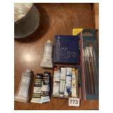 SEASHELL, PAINTS, BRUSHES, PAINTING STAND