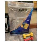 CRYSTAL CLEAR BAGS AND 2 HAND WEIGHTS