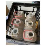 6 GLASS MILK JUGS IN A BLACK TOTE