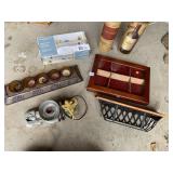 ASSORTED WINE BOTTLES AND CABINET AND BASKET