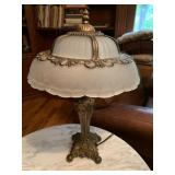 ORNATE GOLD TONE LAMP WITH GLASS SHADE