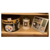 STEELERS TIN, FRAME AND MILLER LIGHT COLLECTOR
