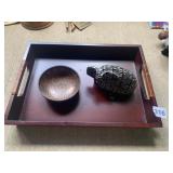 CARVED ELEPHANT TRINKET BOX, WOODEN BOWL AND