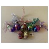 5 GLASS ORNAMENTS AND 2 MIRRORED INDIA MADE