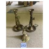 BRASS CANDLE STICKS AND BELL