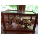 HANDMADE WOOD MOTORCYCLE REPLICA IN DISPLAY CASE