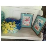 DRINK BUCKET, LEIS, 12X15 FRAMED FLAMINGO FABRIC