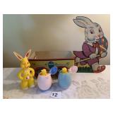 VINTAGE CARDBOARD EASTER BUNNY CART W/ 3 PLASTIC