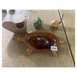 CARVED WOOD TURTLE BOWL, ETCHED WOOD CREAMER,