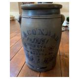 BLUE GRAY CROCK LARGE CRACK ALONG SIDE OTHER WISE