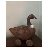 WOOD CARVED DUCK WITH WHEELS WITH OPENING SLIDE
