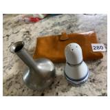 LEATHER WALLET PEWTER BUD VASE AND SHAKER