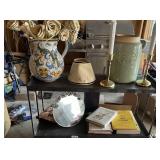 ITALY PITCHER, BRASS CANDLE STICKS, DRESSER MIRROR