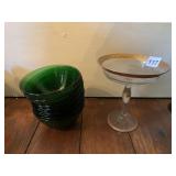 6.5 IN COMPOTE GLASS AND 6 GREEN BOWLS