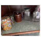 TINS, BROWN CHEESE CROCK, BOTTLE W/ PORCELAIN