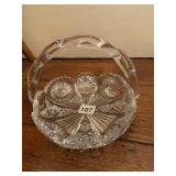 CUT GLASS HANDLED BASKET 8IN 6IN H GOOD COND.