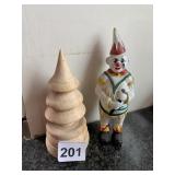 CAST IRON BANK CLOWN FIGURE AND WOOD PINE TREE