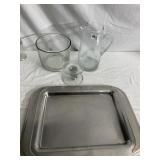 LARGE GLASS TRIFLE BOWL, PITCHER AND PAMPERED