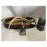 WOOD BOWL, ANTLERS, ESKIMO FIGURINE, INDIAN
