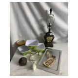 LAMP, MELAMINE BOWLS, SOAP DISH WITH CHERUBS,