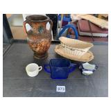 BLUE DOUBLE HANDLED SUGAR, VASE, GRAVY BOAT,