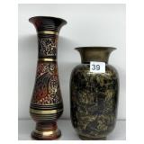 2 BRASS VASES, ONE 11" WITH GORGEOUS ETCHING AND