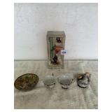 METAL & PORCELAIN BOWL, SAKI CUPS, SALTSHAKER