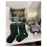 DECORATIVE PILLOWS AND 2 GREEN VELVET CHRISTMAS
