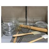 GLASS BOWLS, ROLLING PINS, KITCHEN UTENSILS