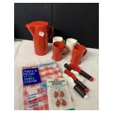 PLASTIC PITCHER, CUPS, UTENSILS