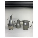 PEWTER PITCHER SET, SOME DENTS, WICKER ON ONE