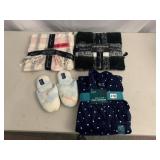 NEW SOFT L PJ SET, NEW SLIPPERS AND 2 NEW SCARVES