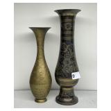 2 ETCHED BRASS VASES, 14" TALLEST, MADE IN INDIA