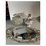 DRESSER MIRROR, ANGEL FIGURE, COVERED BOX