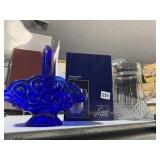 BLUE GLASS BRIDE BASKET, CRYSTAL WATER PITCHER