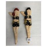 WOOD CARVED MAN AND HANGING PLASTIC FACES