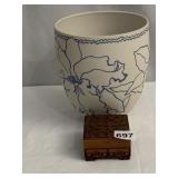 GLAZED POTTERY VASE 7" H X 6" D , CARVED TRINKET