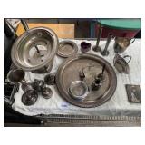 SILVER PLATE TRAYS, BELLS, BUD VASES, ETC.