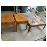 3 PC. OAK TABLE SET W/ GLASS INSET COFFEE TABLE
