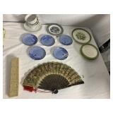 HAND PAINTED FAN, SAUCE DISHES, TEACUPS