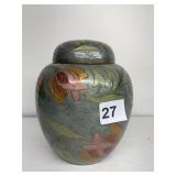 BRASS ENAMELED URN WITH LID, MINOR DAMAGE TO