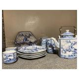 BLUE/WHITE TEA SET AND PLATES