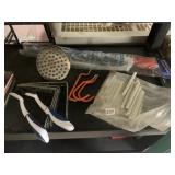 SHOWER HEAD, LARGE HOOKS, CEMENT SPACERS, HOSE